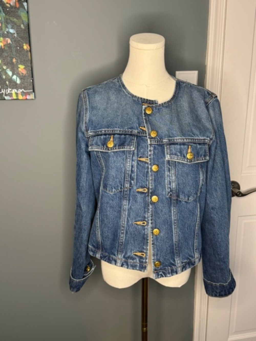 Ulla Johnson Collarless Denim Jacket Gold Button Detail - Picture 2 of 4